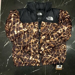 The North Face Brown Marble-Print Nuptse Jacket with Black Accents